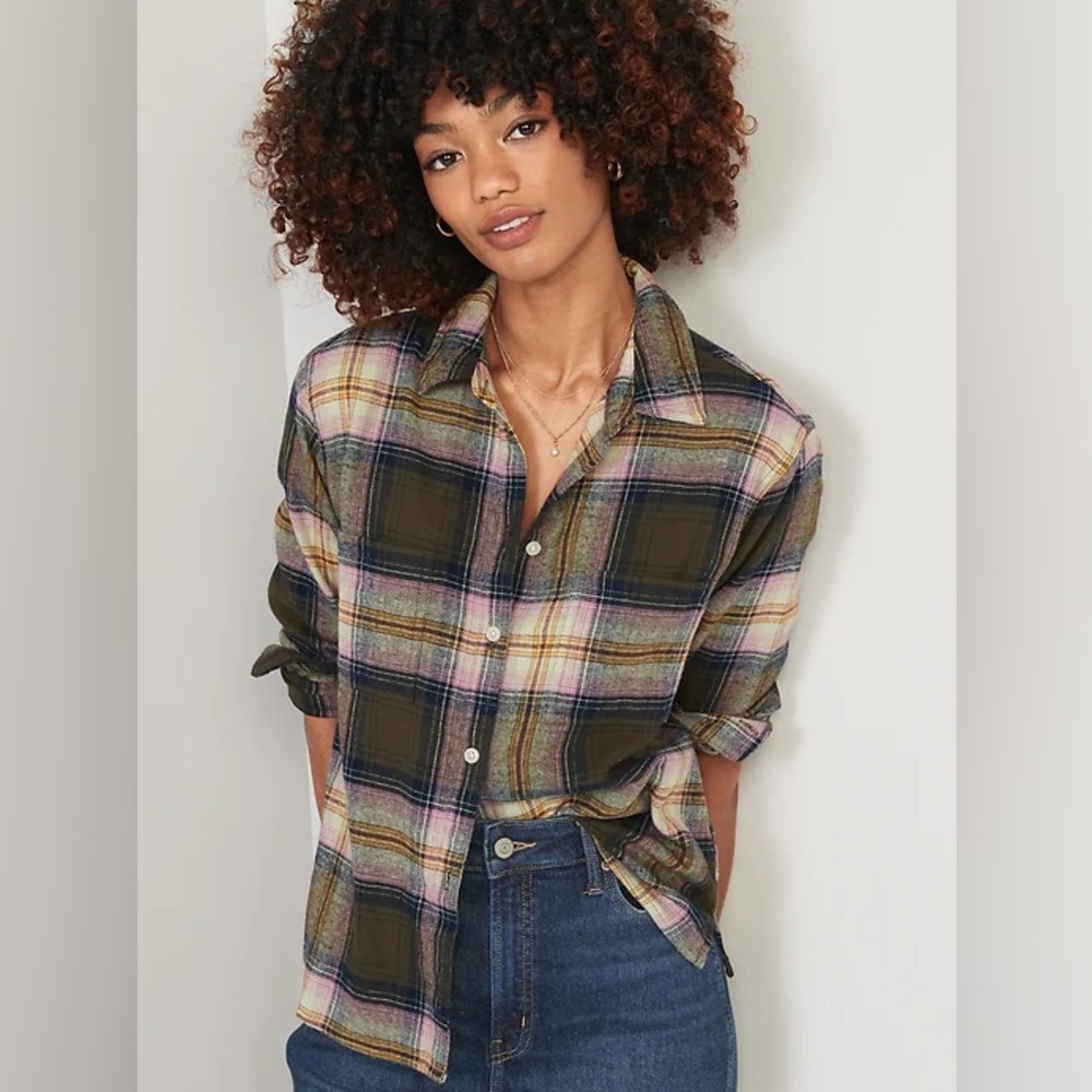 Old Navy Olive Green Plaid Flannel Tunic The Boyfriend Shirt Size Medium